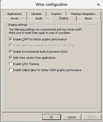 Stage Tab Winecfg