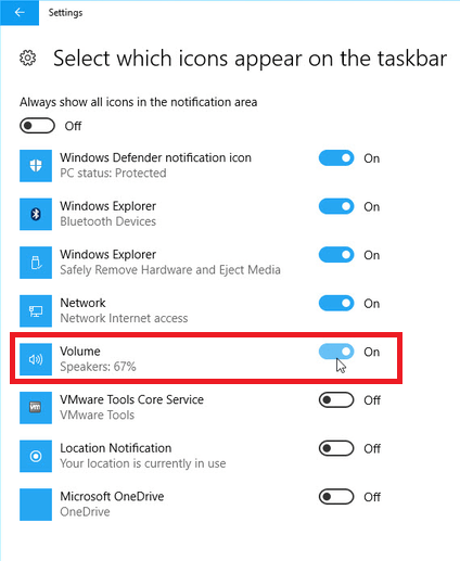 Значок громкости Windows 10 отсутствует на панели задач