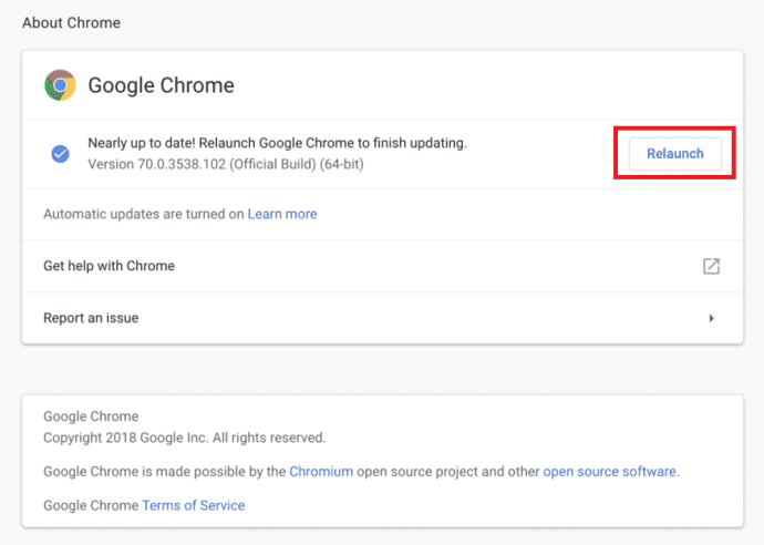 Обновите Google Chrome вручную