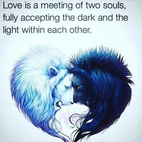 Любовь - это встреча двух душ, полностью принимающих тьму и свет внутри друг друга.