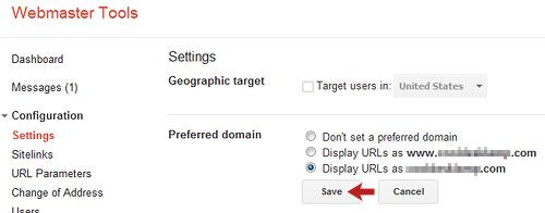 Выберите не www предпочтительный домен