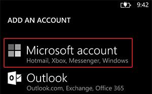 Опция Microsoft Account